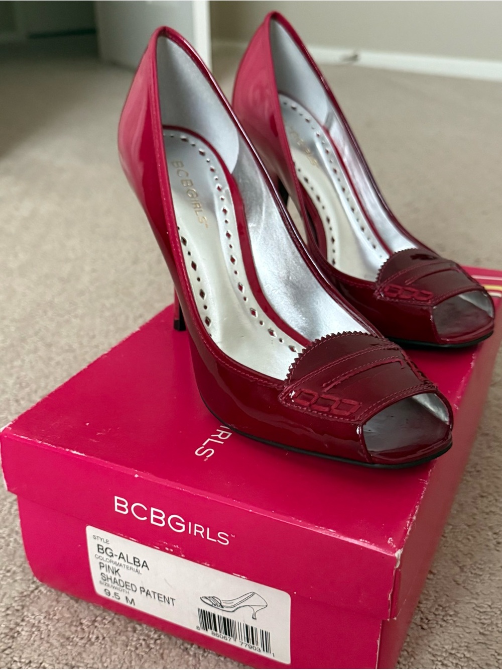 BCBGirls Shiny Pink Peep-Toe Patent Heels